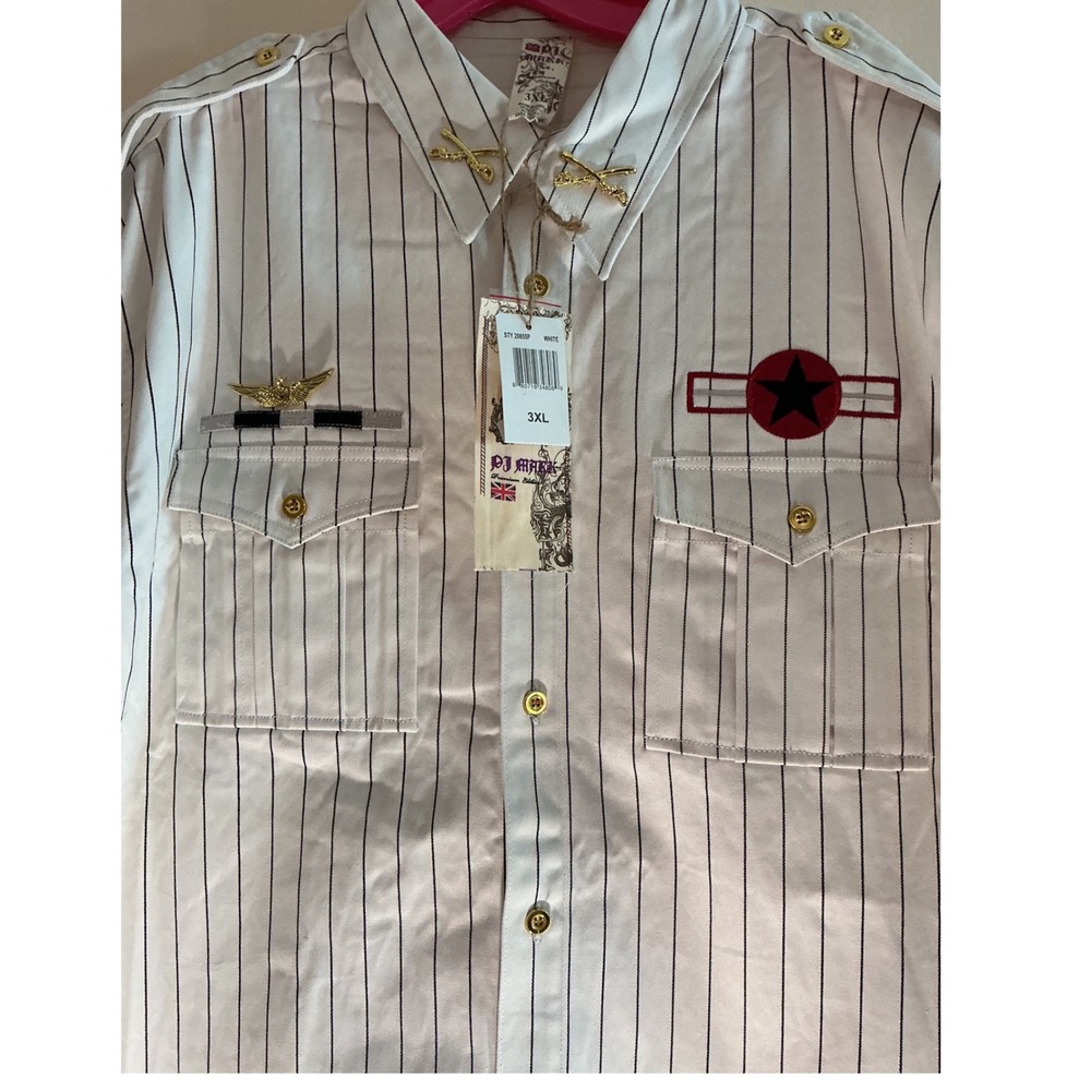 Vintage‎ Y2K PJ MARK Men's 3XL White Pinstripe Military Style Shirt with Patches - Picture 2 of 9